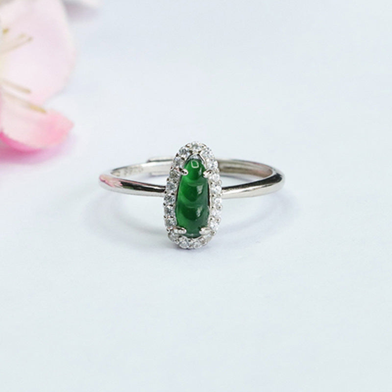 Icy Green Jadeite Bean 925 Silver Adjustable Ring