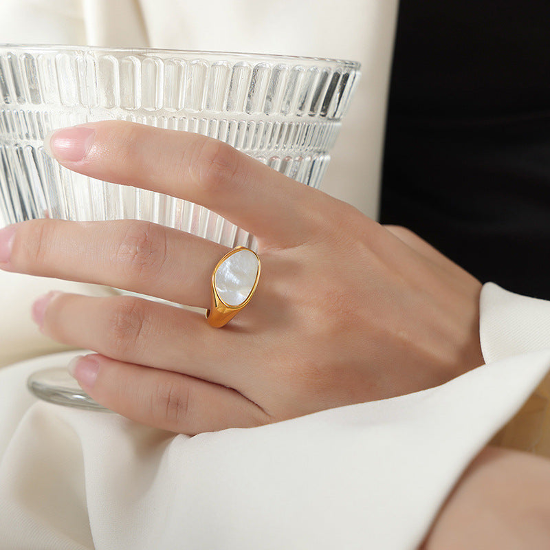Elegant Mother of Pearl Open Ring in Titanium Steel - Luxury Fashion Jewelry for Women