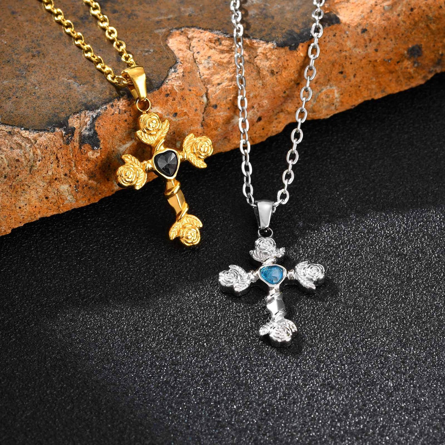 Planderful Medieval Rose Cross Zircon Pendant Necklace Men