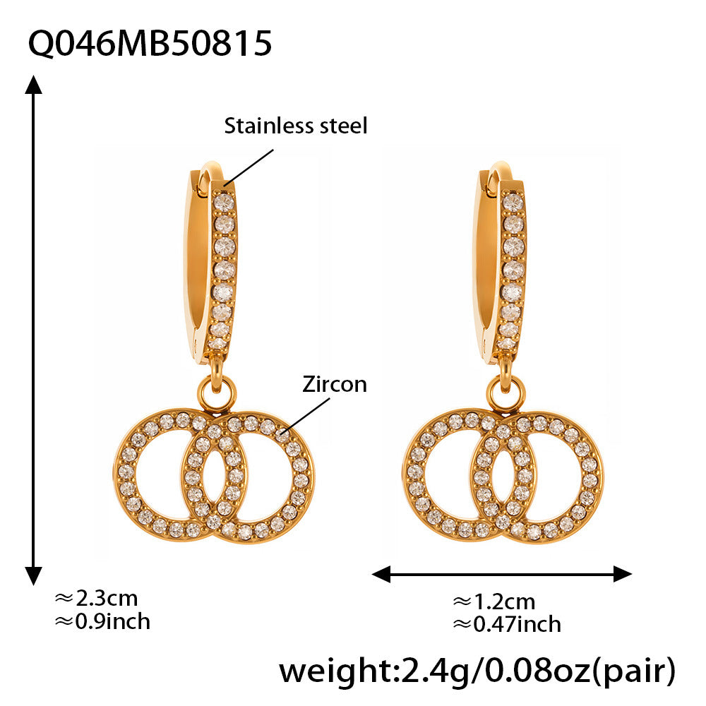 Planderful Zircon Earrings Titanium Steel Double Ring Women