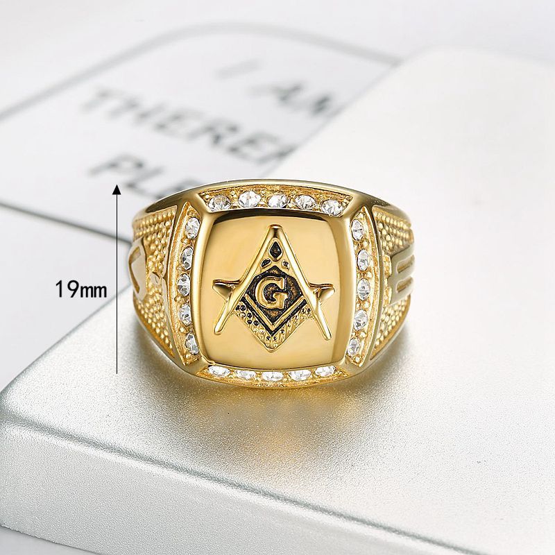 Planderful Masonic Ring For Men Vintage European American Style Gold Plated Titanium Steel Rhinestone