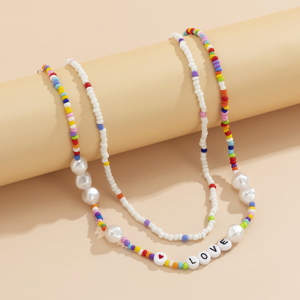 Planderful Pearl Letter Necklace With Mixed Color Imitation Pearls Women Statement Beaded Peach Heart Design