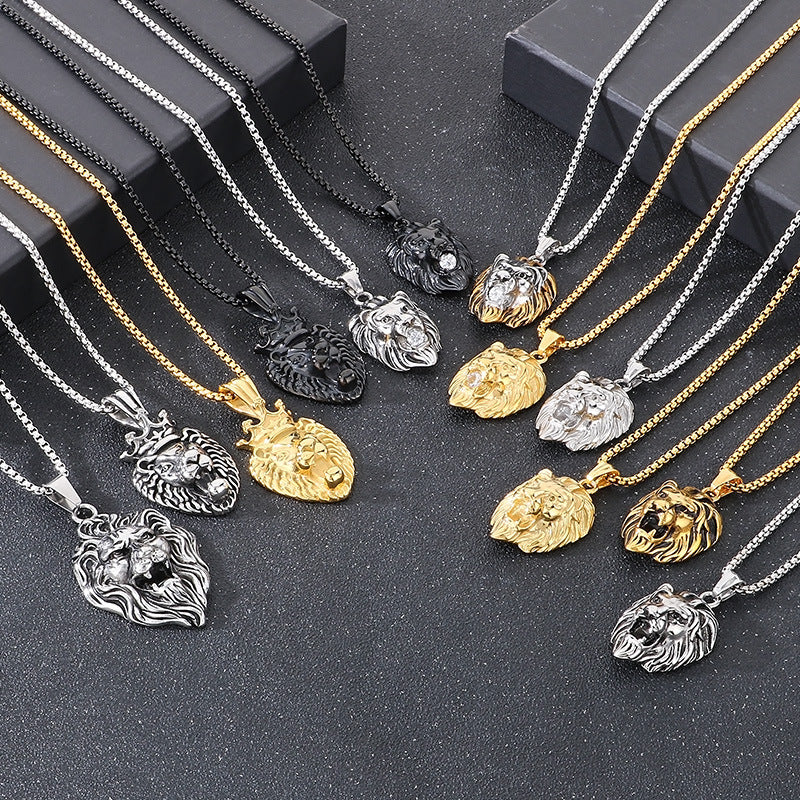 Planderful Lion Head Zircon Pendant Steel Mens Necklace