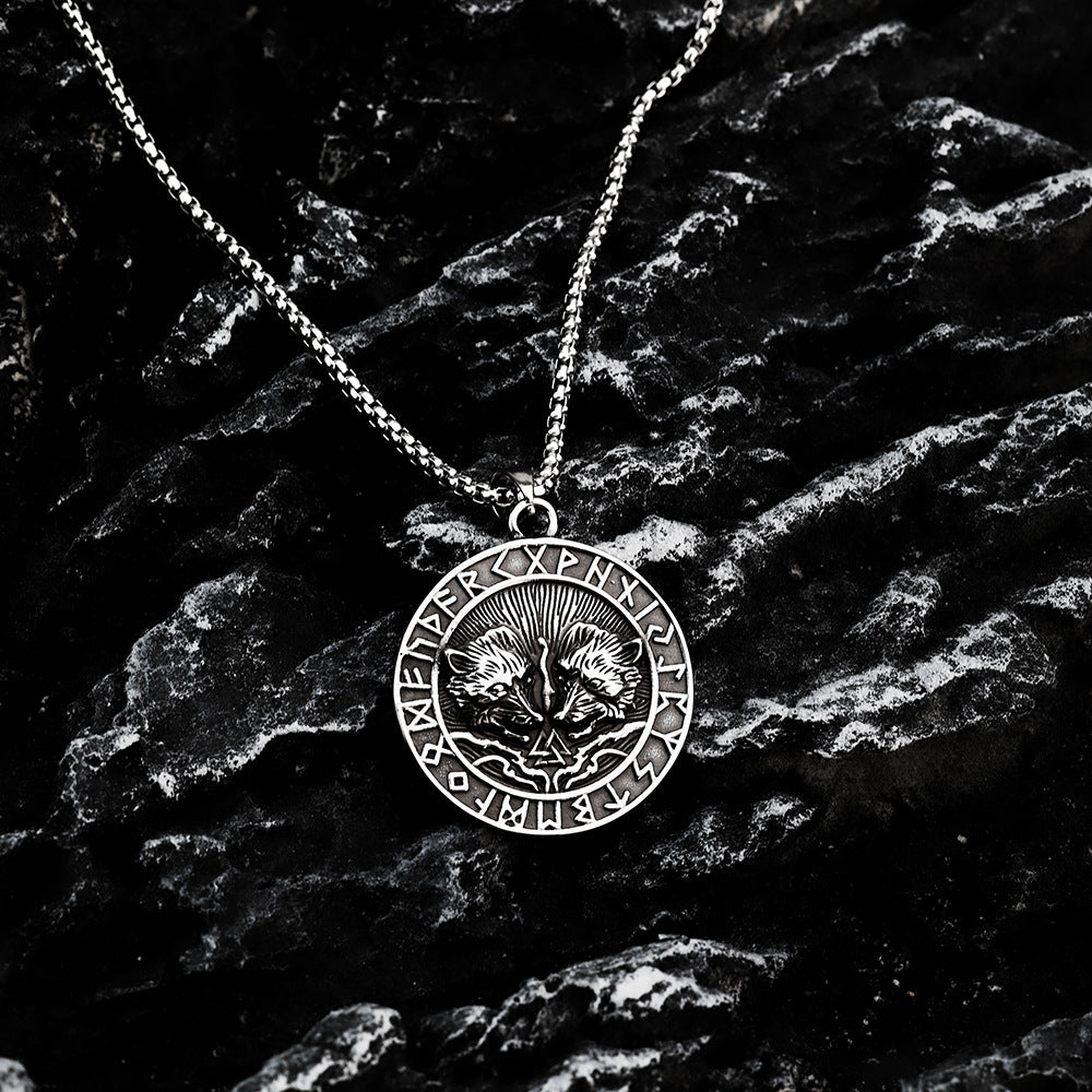 Nordic Men's Jewelry Viking Stainless Steel Double Wolf Pendant