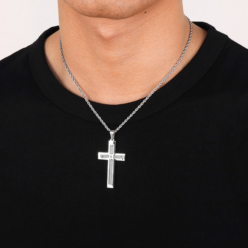 Street Pendant, Zircon Double-Layer Mesh Cross Stainless Steel Man Pendant Necklace