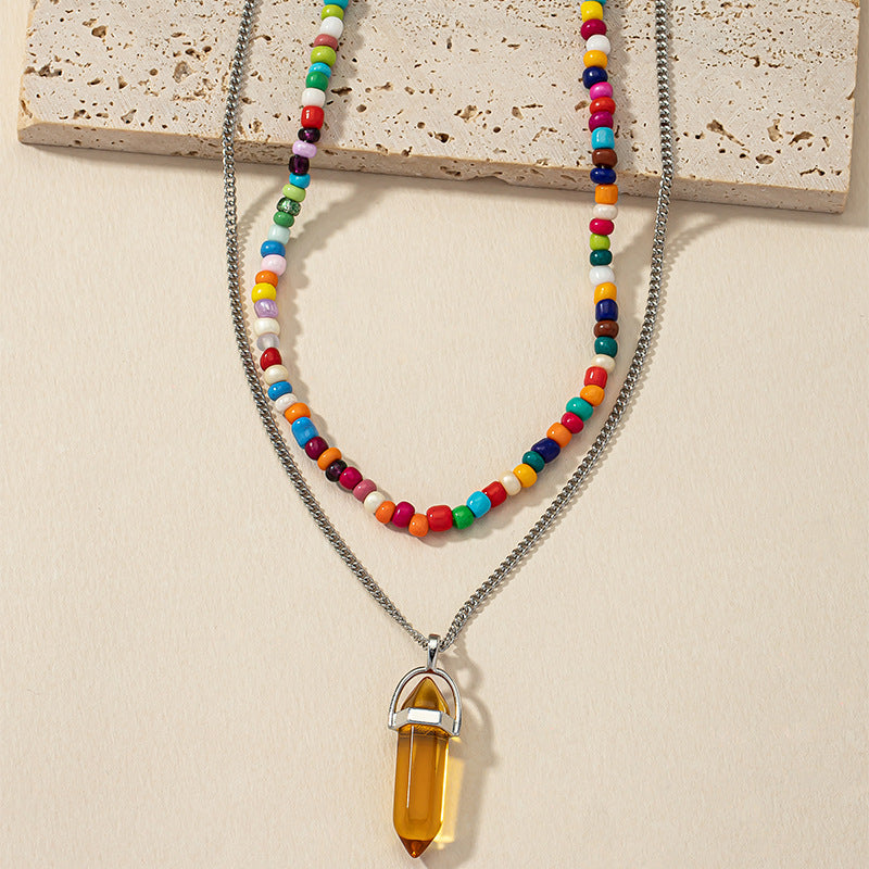 Retro Stone Beaded Necklace with Hexagonal Pendant and Unique Design Touch, Ideal for European and American Markets