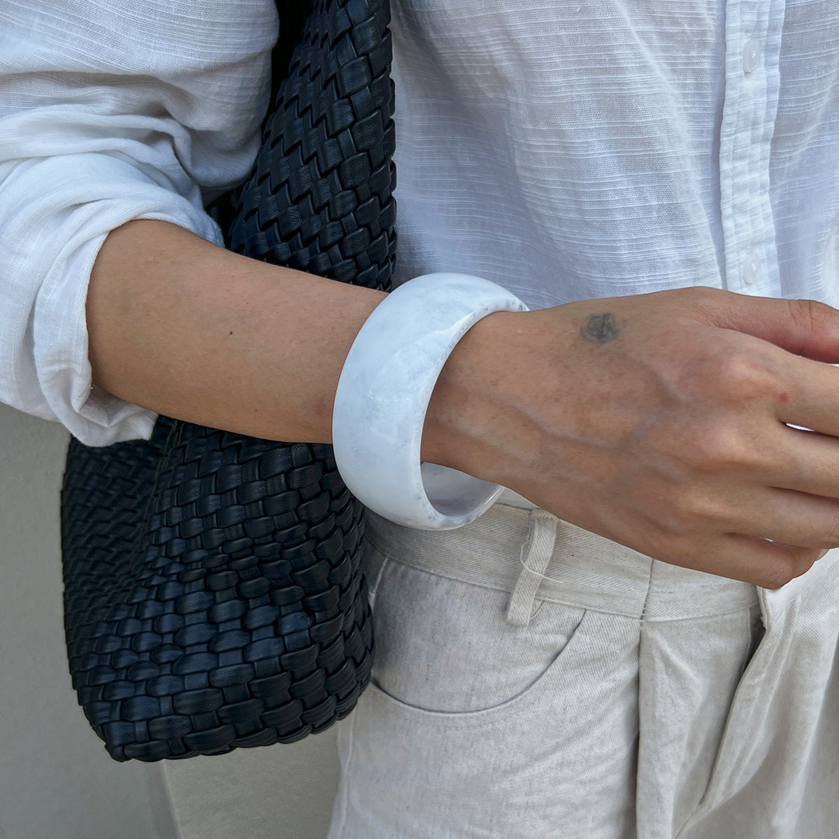 Planderful Vienna Verve Translucent Acrylic Wide Bracelet For Women With Irregular Round Statement Design