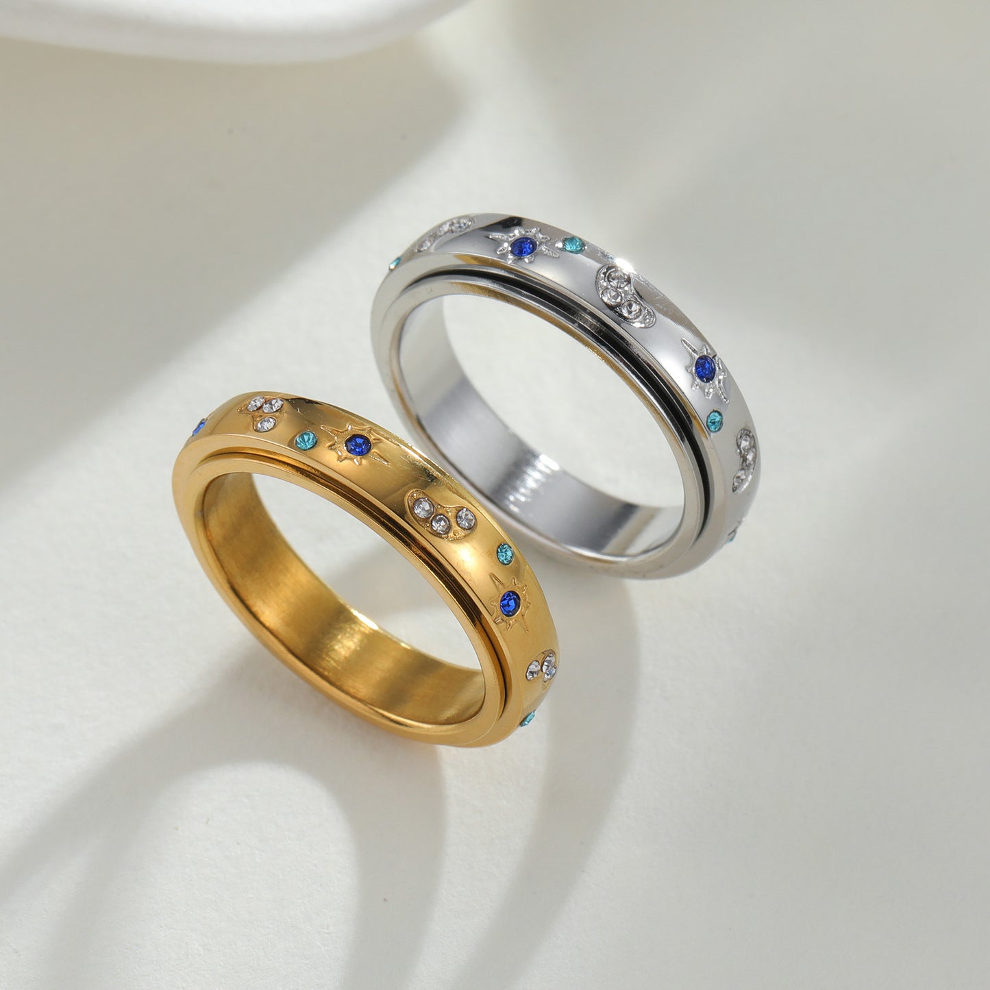 Rotatable Decompression Ring Sun Moon Color Zircon Planderful For Women Ring With Starry Sky Design