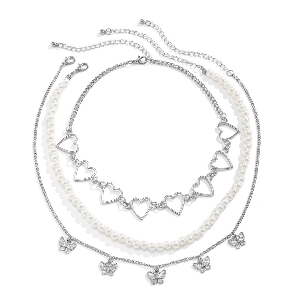 Planderful Peach Heart Hollow Necklace Multi Layered Imitation Pearl Butterfly Statement Jewelry For Women