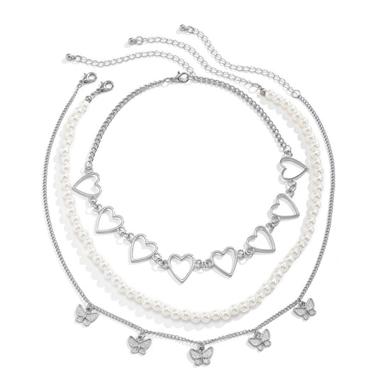 Planderful Peach Heart Hollow Necklace Multi Layered Imitation Pearl Butterfly Statement Jewelry For Women