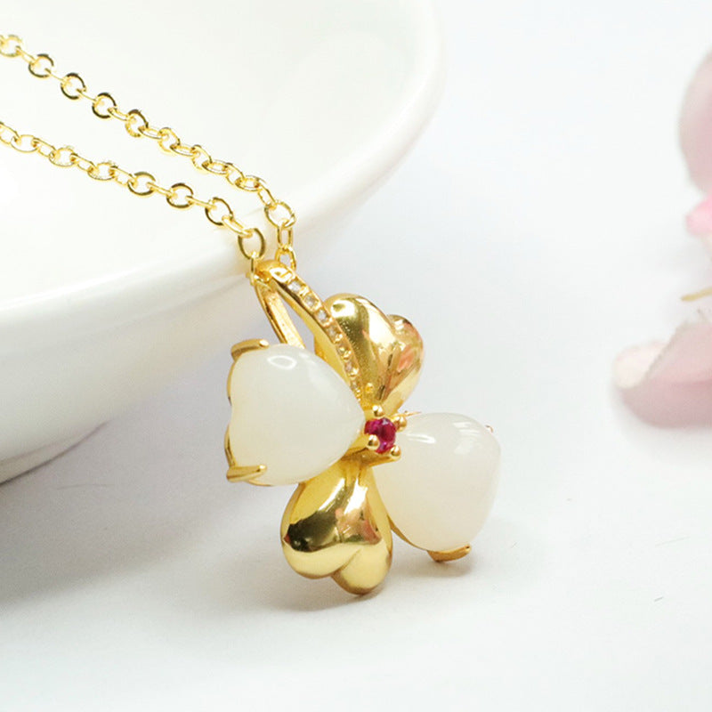White Jade Love Clover Necklace crafted from Sterling Silver and Jade
