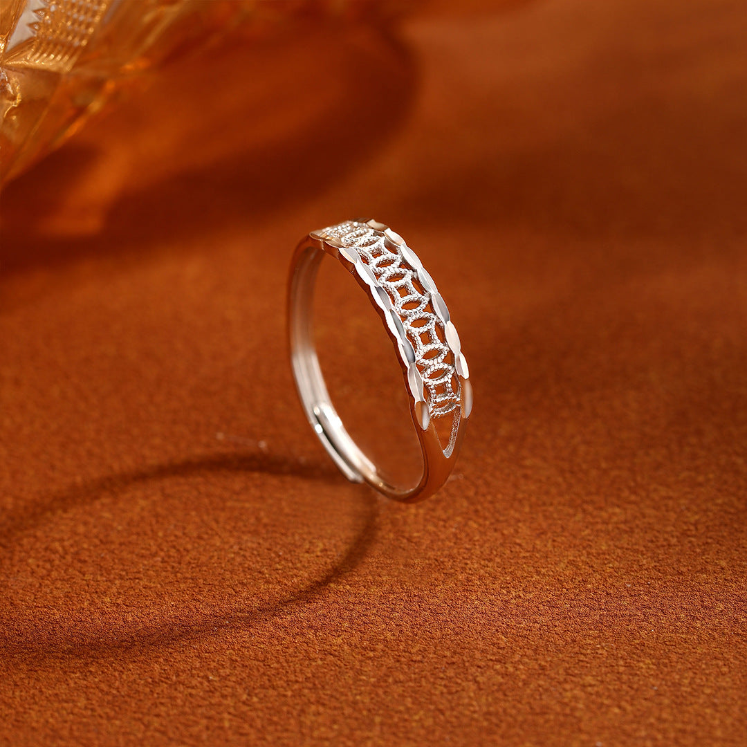 Planderful Sterling Silver Coin Ring For Women Adjustable Hollow Coin Design With Fortune Charm Retro Chinese Style