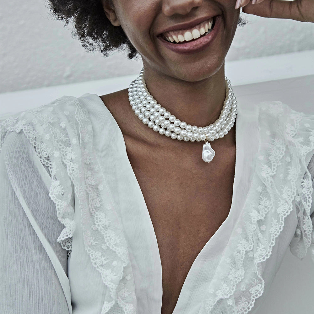 Luxurious European and American Multilayer Faux Pearl Choker Necklace Set - Wholesale Amazon Jewelry Collection