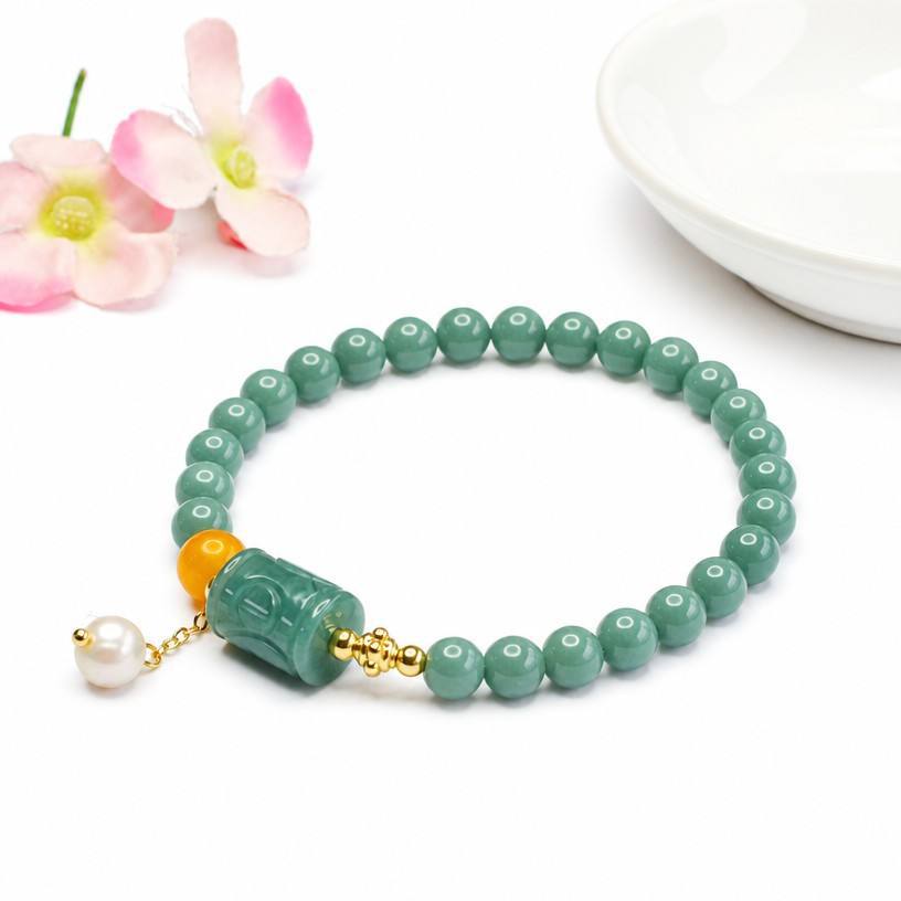Blue Water Jadeite Barrel Bead Beaded Bracelet