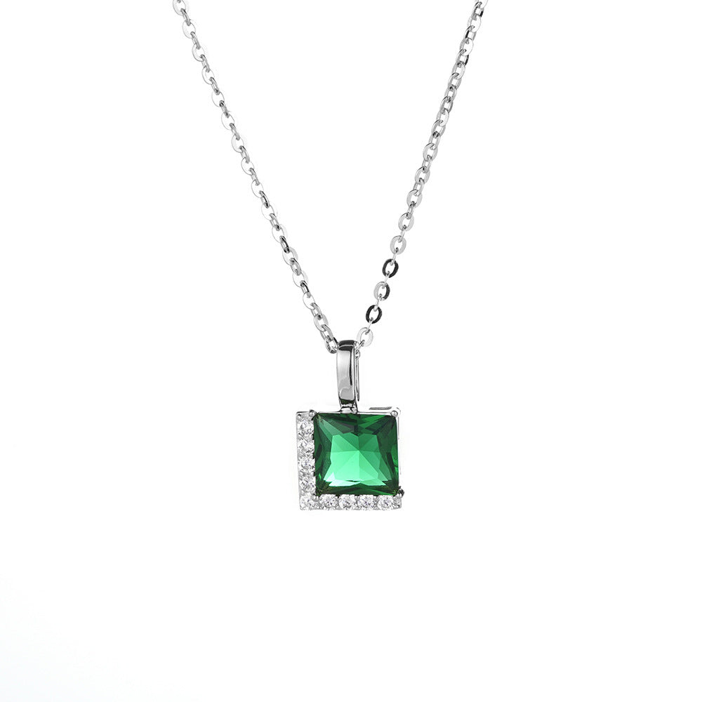 S925 Sterling Silver Emerald Zircon Pendant Necklace Luxury