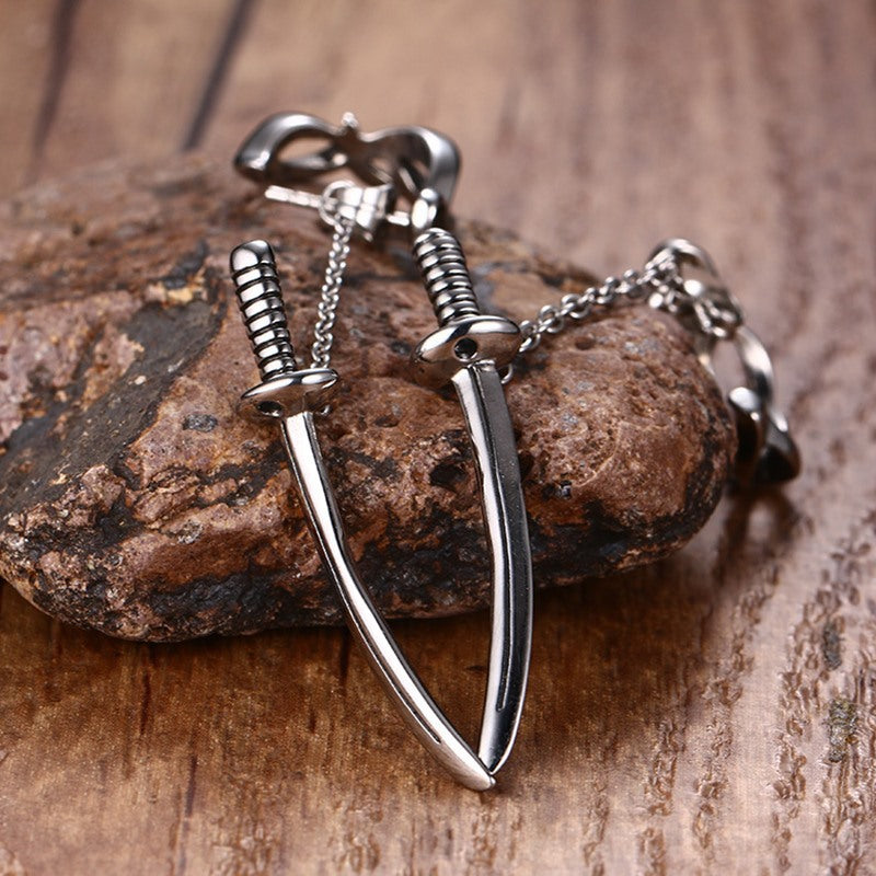 Industrial Nail & Chain Stud Earrings — Silver Pair