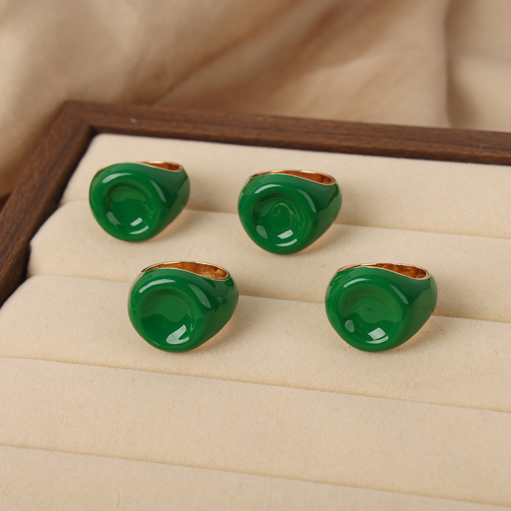 Luxurious French Court Style Enamel Glaze Jadeite Green Ring for Women