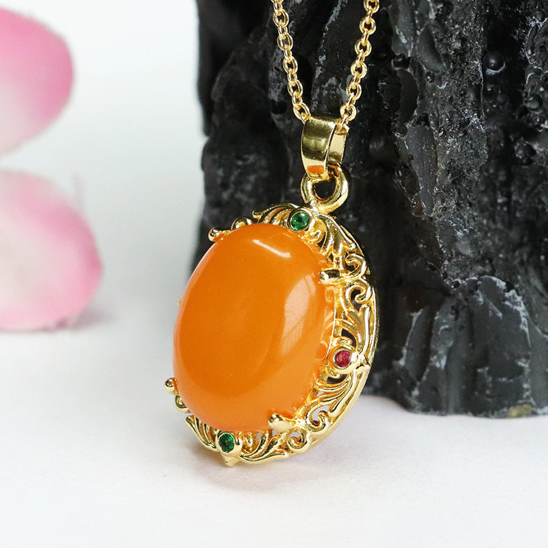 Golden Amber Honey Wax Zircon Pendant with Sterling Silver Needle