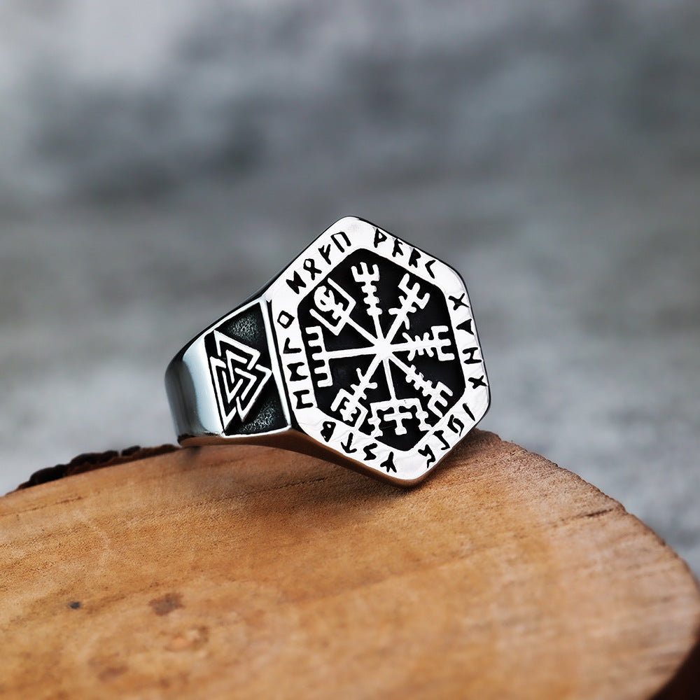 Viking Looney Letter Compass Rune Stainless Steel Ring for Men