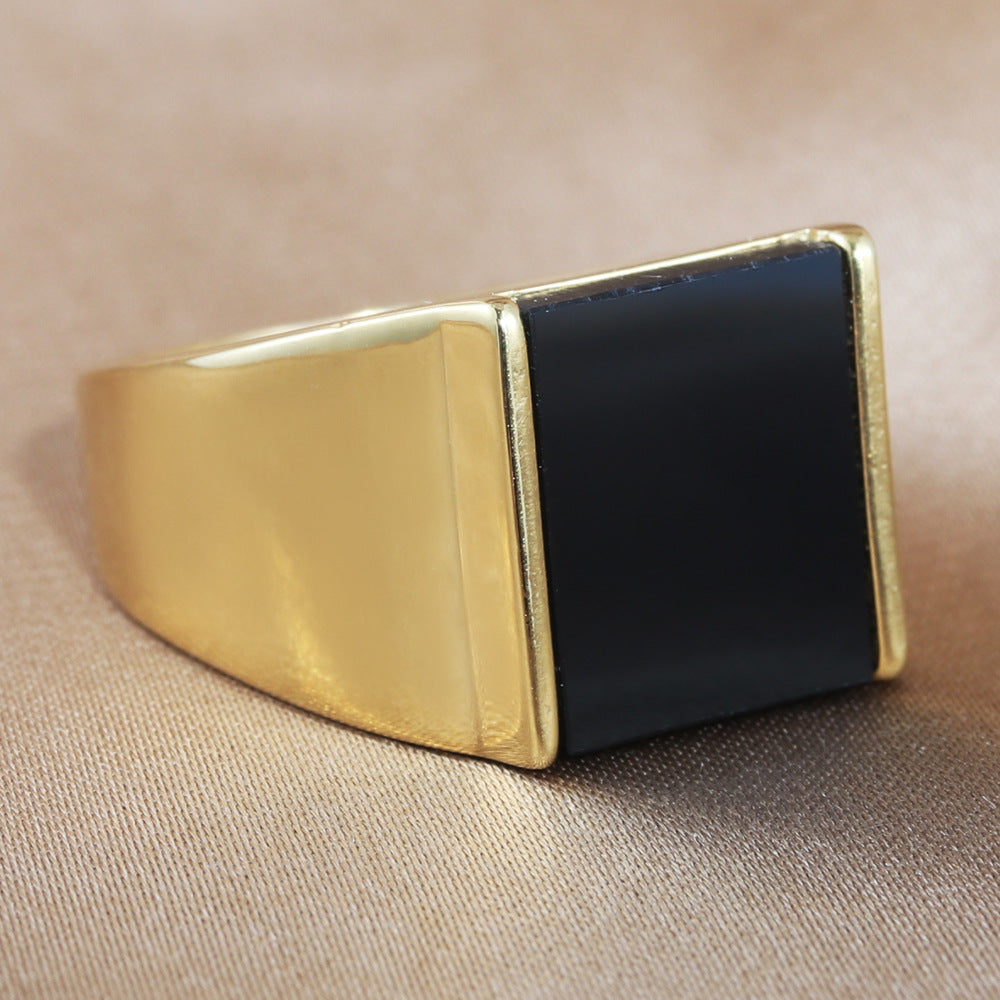 Titanium Steel Retro Square Black Stone Ring for Men - Trendy European and American Jewelry