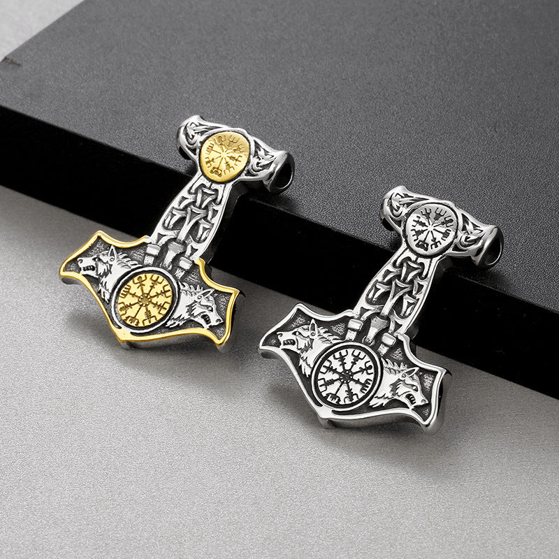 Viking-Inspired Stainless Steel Double Wolf Pendant with Thor's Hammer Compass Rune for Men