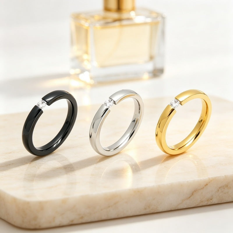 Zircon Ring Korean Vacuum Plating 3mm Round Stainless Steel Ladies Zircon Ring