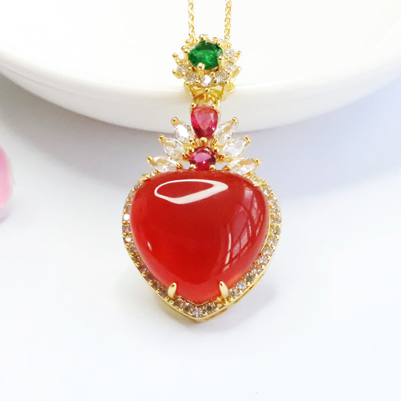 Radiant Red Agate and Zircon Love Necklace in Sterling Silver
