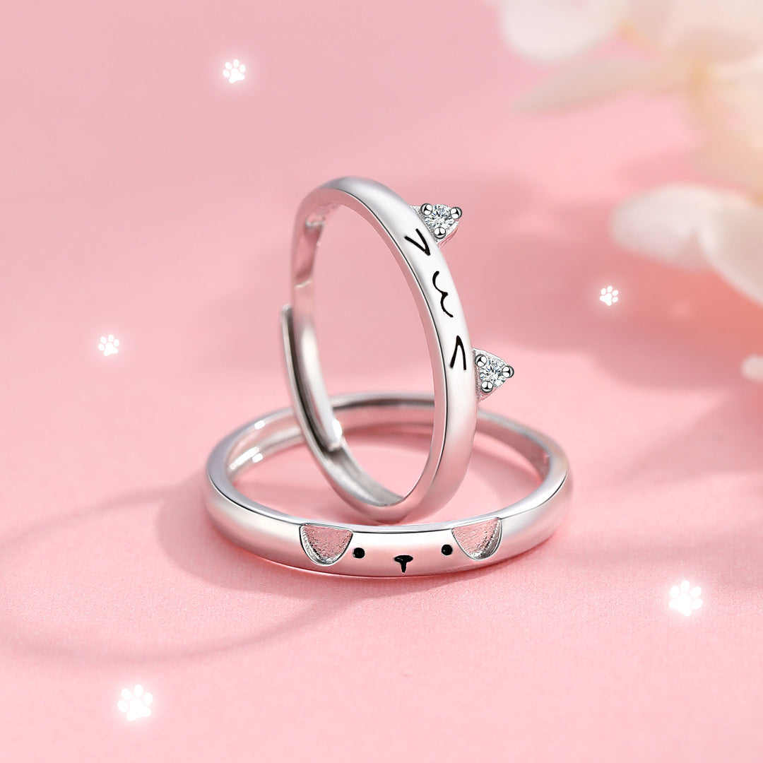 Planderful S925 Sterling Silver Cat And Dog Love Ring Adjustable Opening For Pet Lovers Cartoon Style