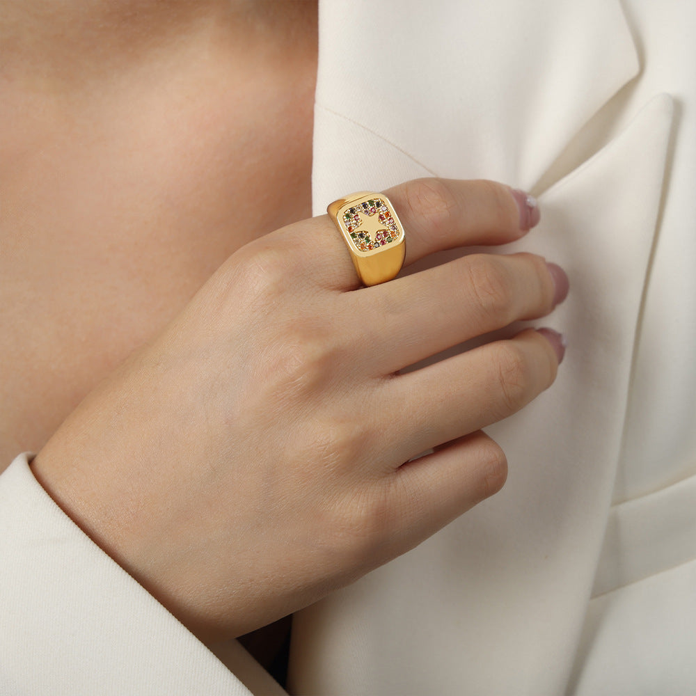 European Luxe Copper Square Zircon Star Open Ring - Women's Light Luxury Jewelry