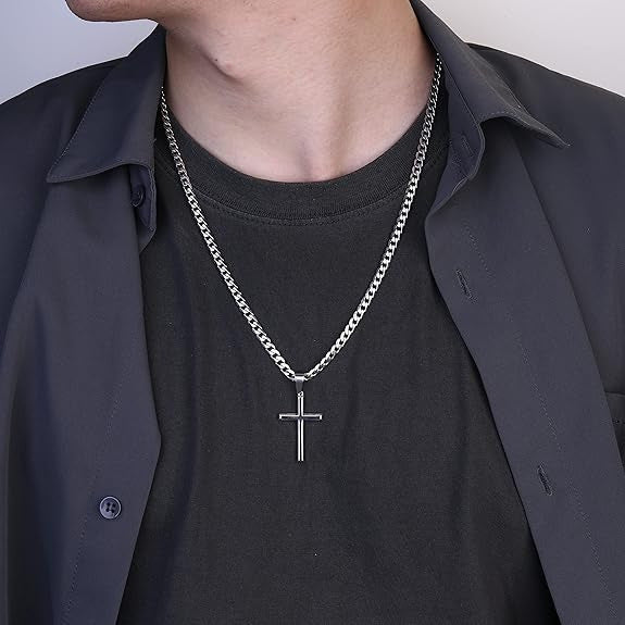 Planderful Men Cross Necklace Stainless Steel Cuban Chain Trendy Pendant Jewelry Classic