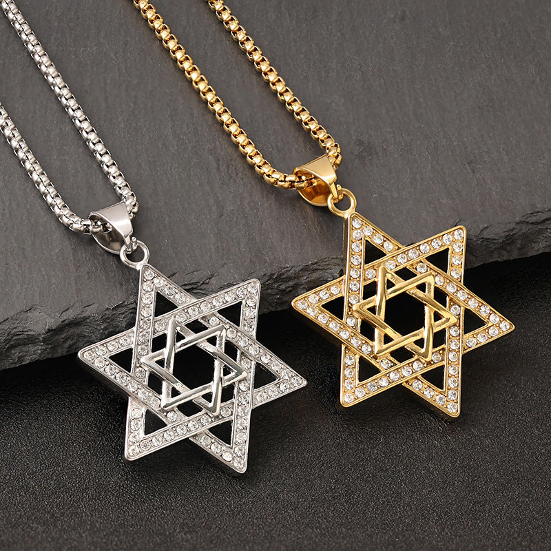 Planderful Everyday Genie Hip Hop Pendant Titanium Steel Gold Plated Zircon Star Of David Hexagram Necklace For Men