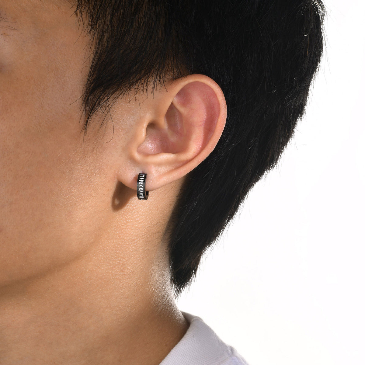Black Viking Rune Stainless Steel Hoop Earring — Single