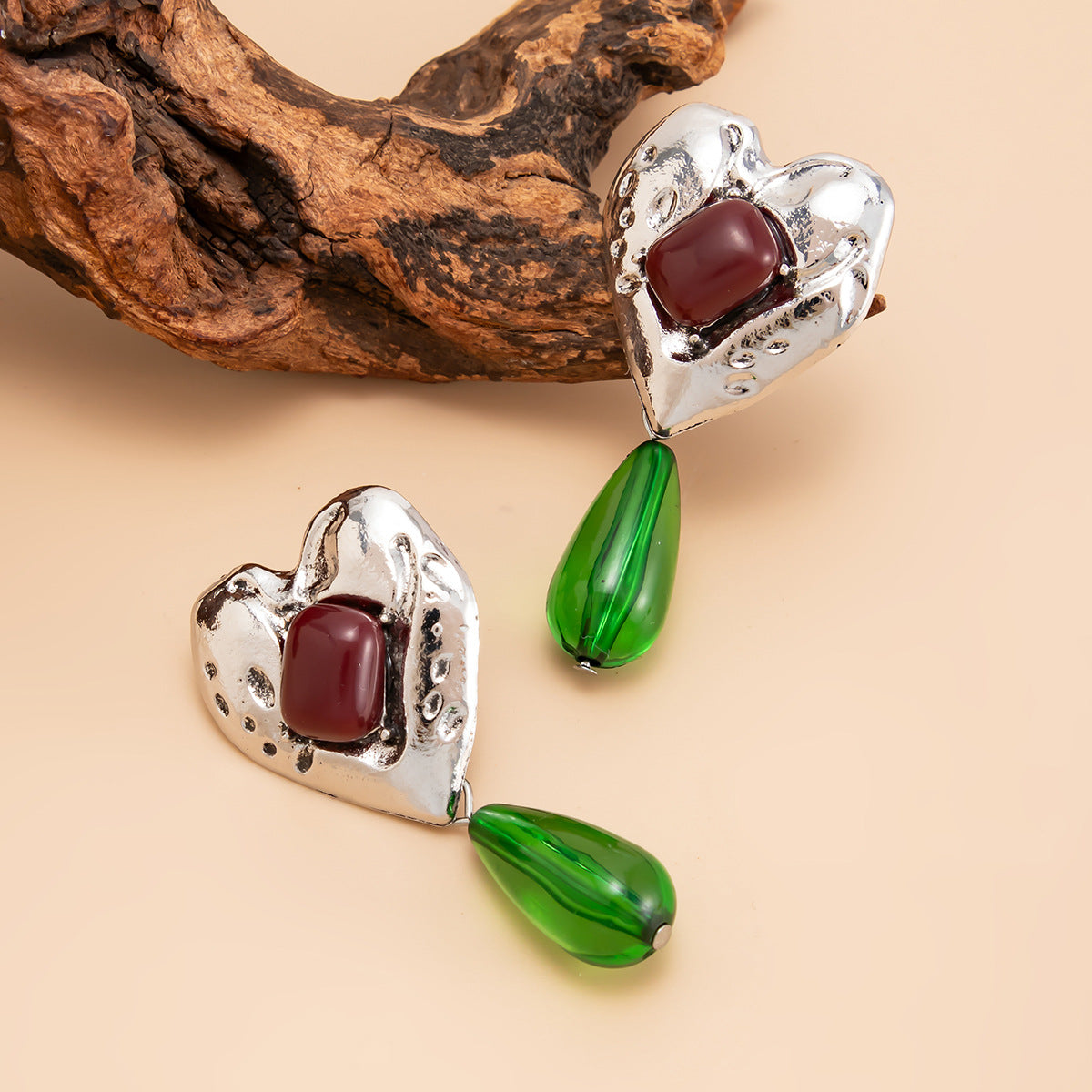 Planderful Medieval Green Water Drop Pendant Earrings Inlaid Peach Heart Gem Vienna Verve For Vintage Jewelry Lovers