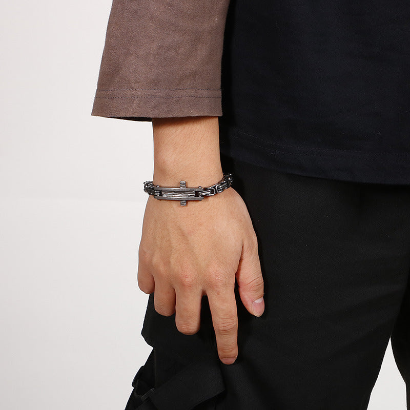 Vintage-Inspired Men's Bracelet with Curved Cross Design in Titanium Steel for the Modern Hipster