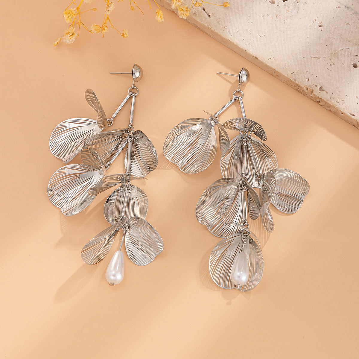 Ginkgo Leaf Stud Earrings By Planderful Vienna Verve Metal Textured Imitation Pearl Statement Earrings For Women