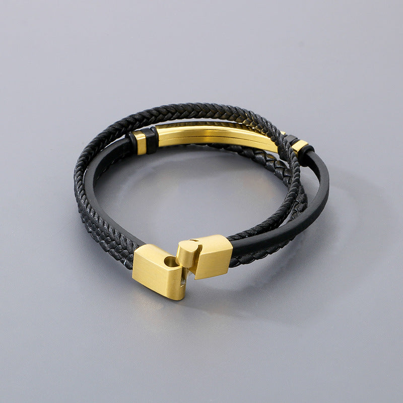 Planderful Stainless Steel Leather Rope Bracelet Men Black