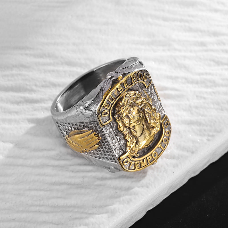 Planderful Everyday Genie Jesus Ring Gold Plated Titanium Steel For Men Hip Hop Inspired Religious Jewelry