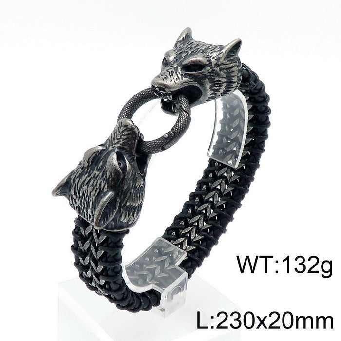 Planderful Double Wolf Head Lion Head Bracelet Men Titanium