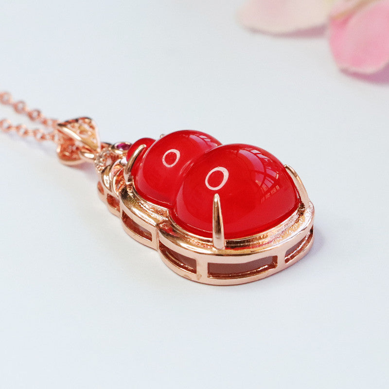 Red Agate Gourd Rose-Gold-Tone Pendant — No Chain