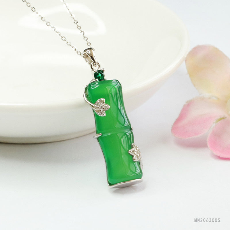 Green Chalcedony Bamboo Silver Pendant — No Chain