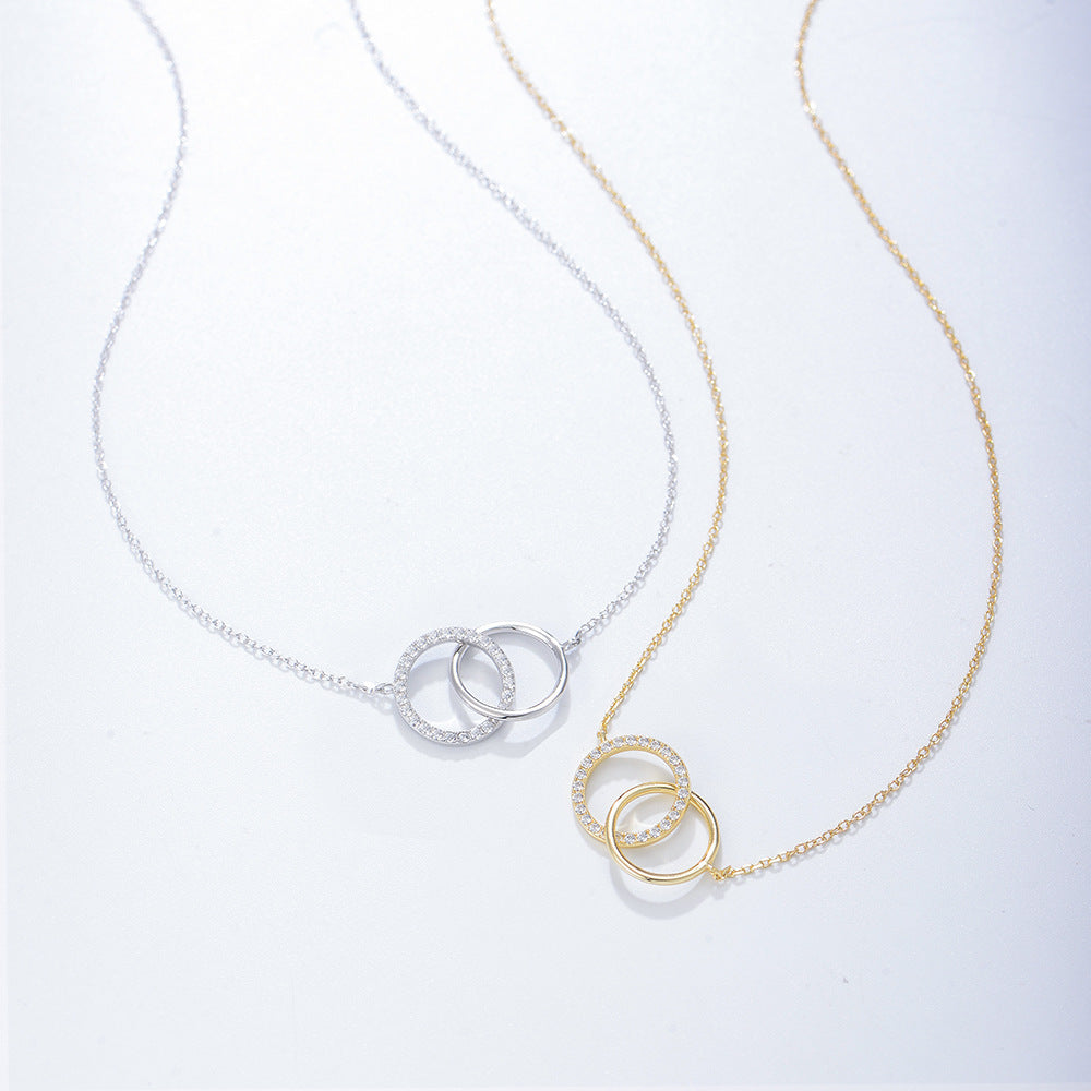 S925 Sterling Silver Personality Zircon Double Circle Ring Necklace Set Chain