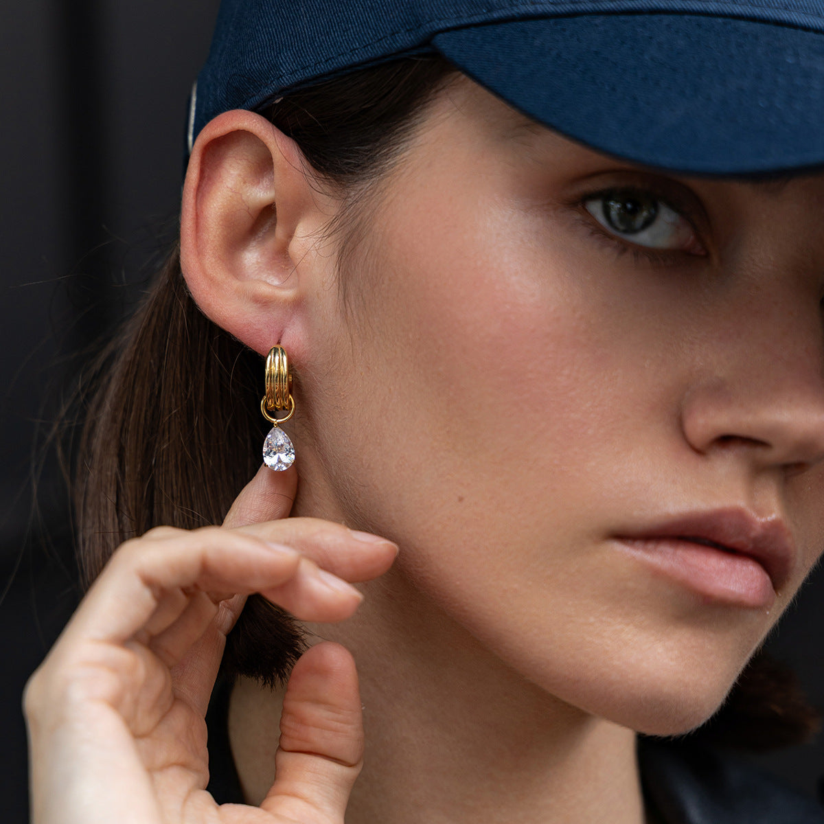 Planderful Gold Water Drop Zircon Vertical Texture Stainless Steel Statement Stud Earrings For Fashion Forward Women