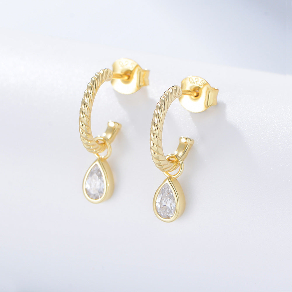 Classic Earrings Tremella S925 Sterling Silver C-Shaped Stud Earrings, Water Drop-Shaped Zircon Earrings.