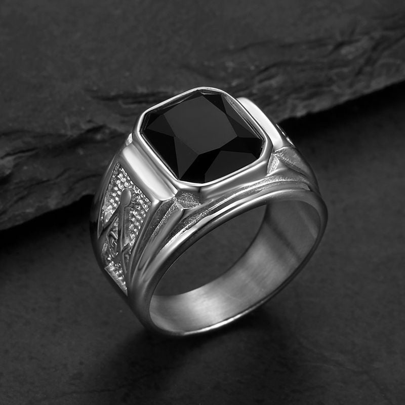 Planderful Everyday Genie Masonic Ring For Men Stainless Steel Gold Plated Black Glass Classic Retro