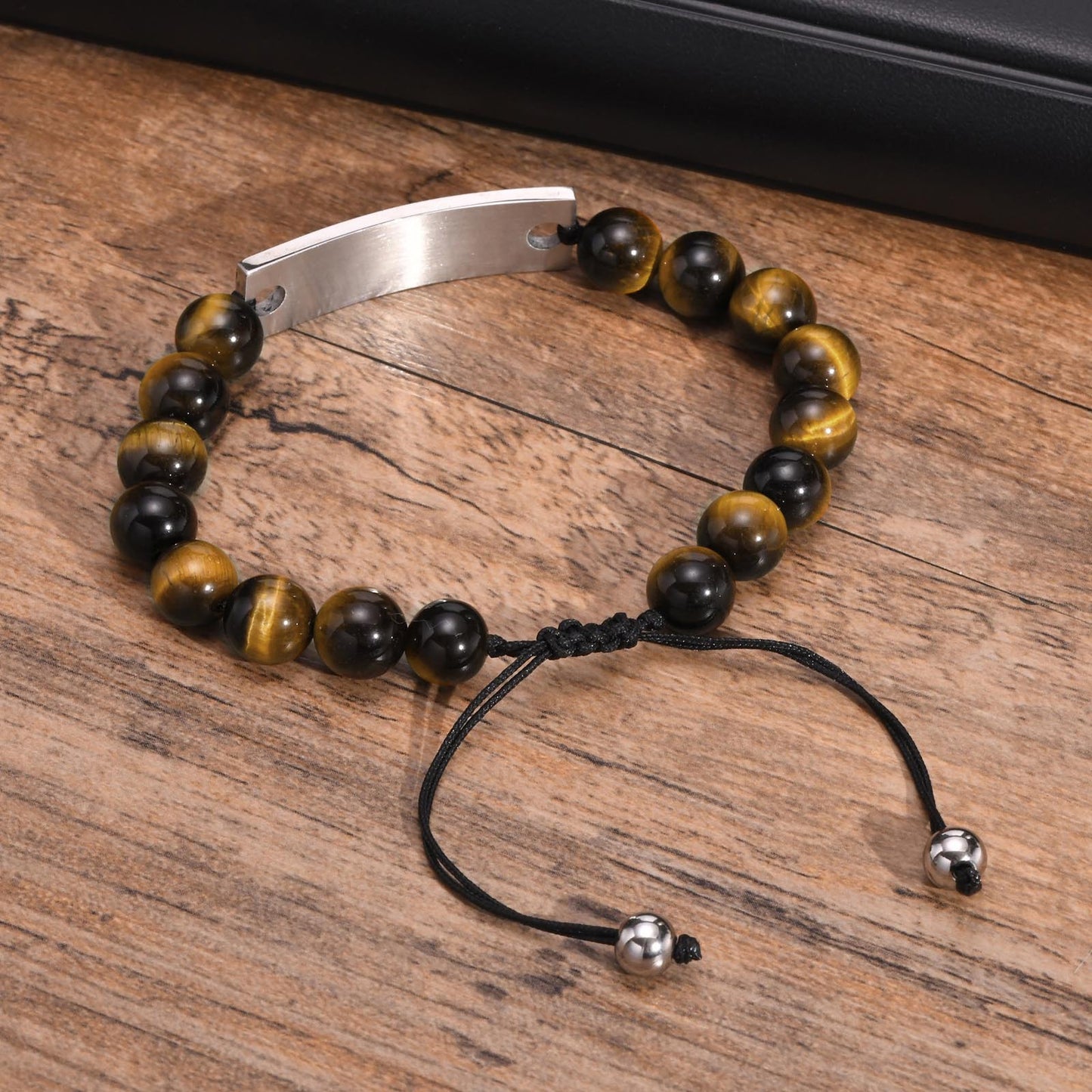 Bracelet Stainless Steel Bent Cross Black Agate Tiger's Eye Beaded Woven Bracelet for Men