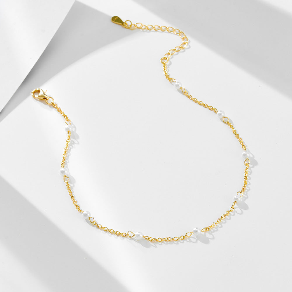 S925 Sterling Silver Plated 14k Gold Pearl Beaded Anklet And 3mm Bead Foot Bracelet