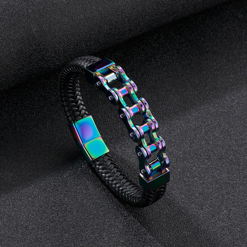 Locomotive Style Woven Leather Rope Men's Bracelet – Man Magnetic Buckle Bicycle Chain
