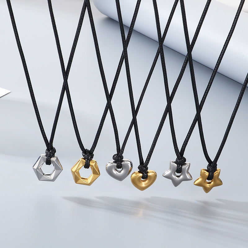 Popular Heart-Shaped Sweater Chain, Creative Wax Rope, Five-Pointed Star Hexagonal Titanium Steel Men's Necklace