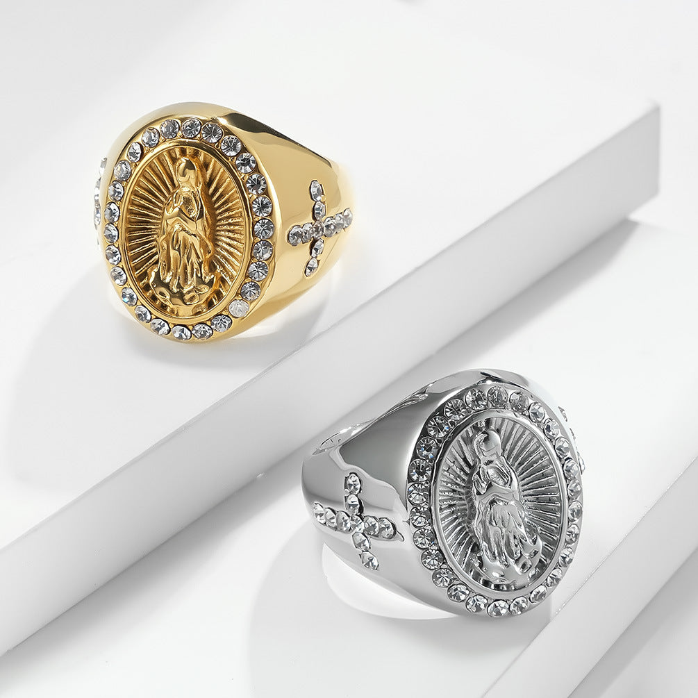 Planderful Virgin Mary Cross Zircon Ring Stainless Steel Gold Plated For Women Elegant Jewelry