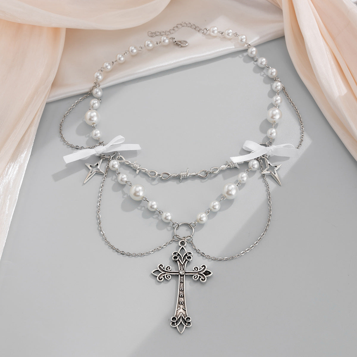 Bow, Cross & Pearl-Style Fringe Necklace